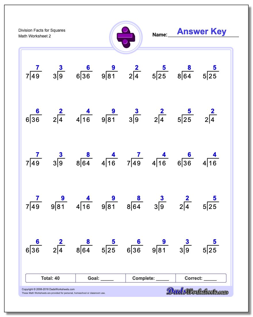 Division Worksheet Facts for Squares www.dadsworksheets.com/worksheets/division.html