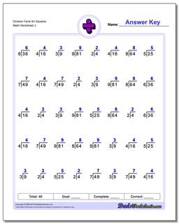 Division Worksheet Facts for Squares