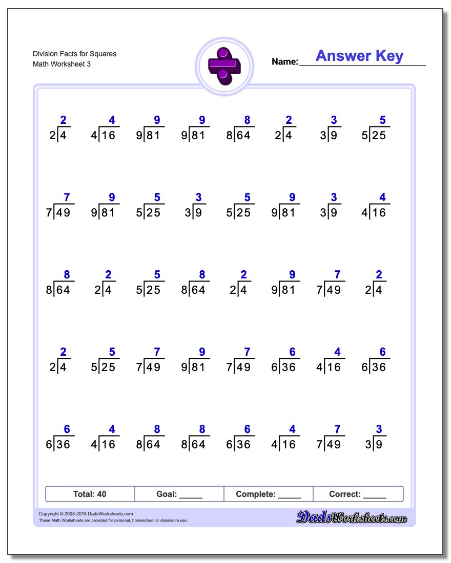 Division Worksheet Facts for Squares