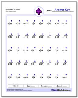 Division Worksheet Facts for Squares