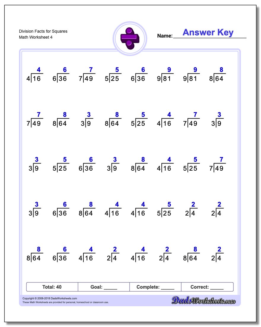Division Worksheet Facts for Squares