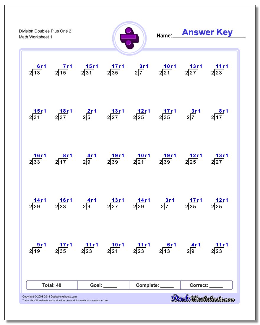 Division Worksheet Doubles Plus One 2