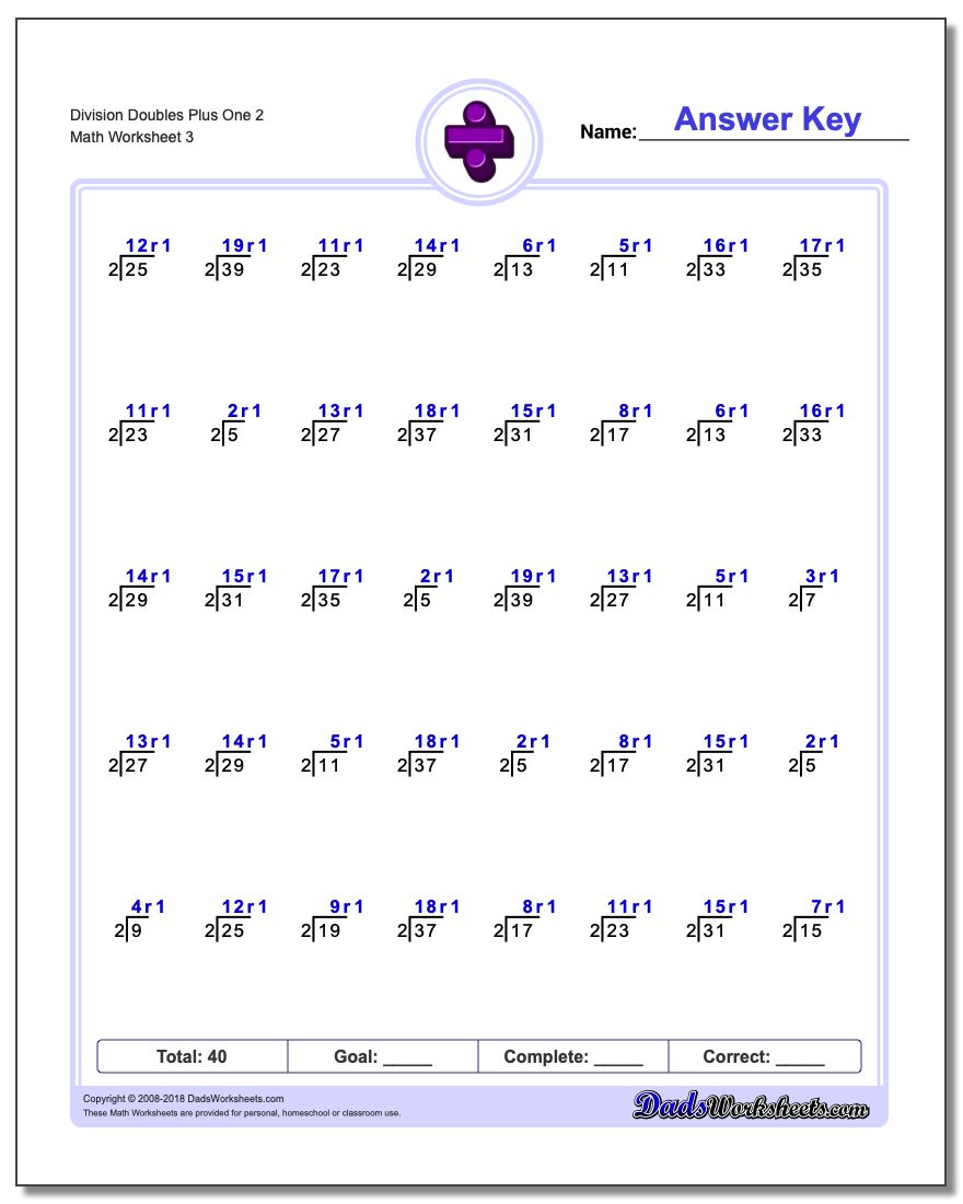 Division Worksheet Doubles Plus One 2