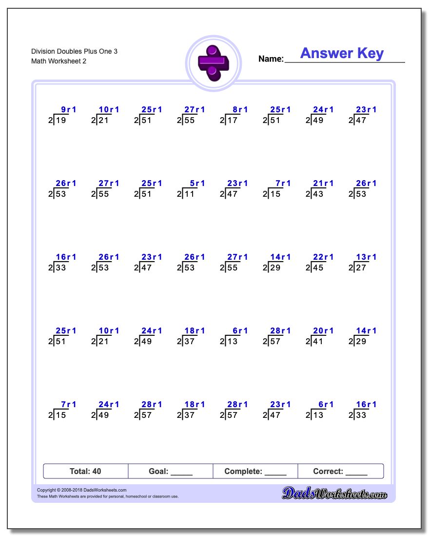 Division Worksheet Doubles Plus One 3 www.dadsworksheets.com/worksheets/division.html