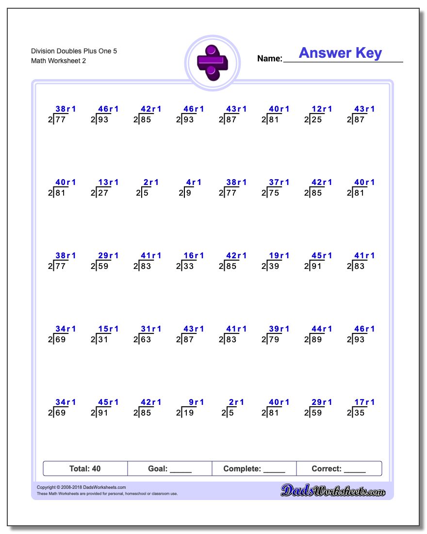 Division Worksheet Doubles Plus One 5 www.dadsworksheets.com/worksheets/division.html