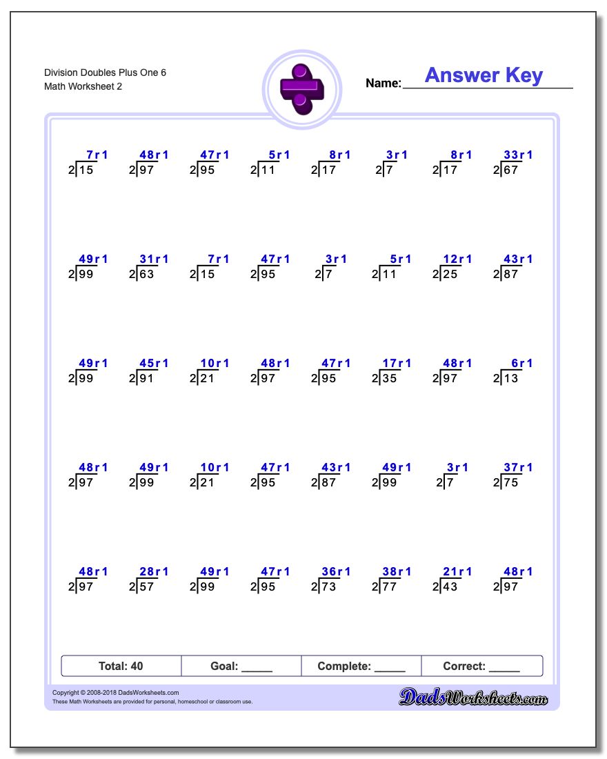 Division Worksheet Doubles Plus One 6 www.dadsworksheets.com/worksheets/division.html