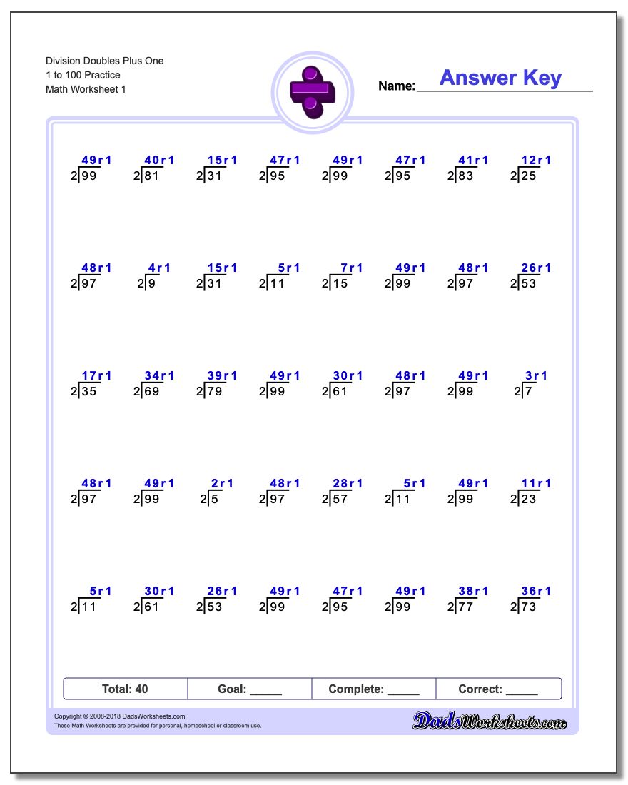 Division Worksheet Doubles Plus One 1 to 100 Practice