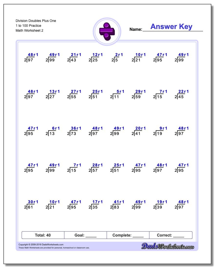 Division Worksheet Doubles Plus One 1 to 100 Practice www.dadsworksheets.com/worksheets/division.html