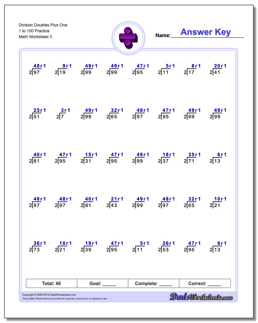 Division Worksheet Doubles Plus One 1 to 100 Practice