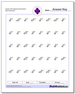 Division Worksheet with Progressive Remainders 1