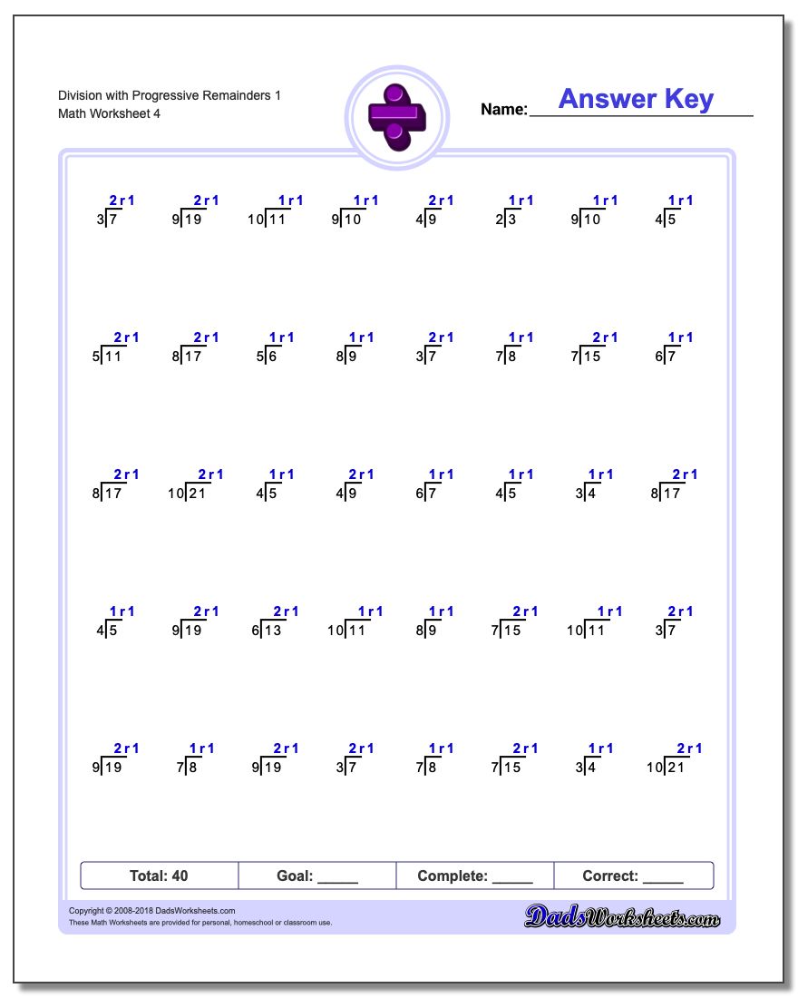 Division Worksheet with Progressive Remainders 1