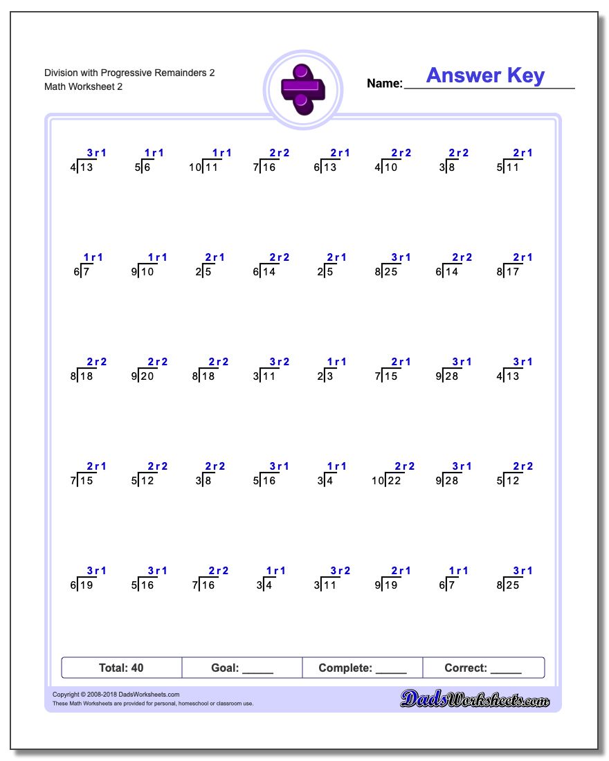 Division Worksheet with Progressive Remainders 2 www.dadsworksheets.com/worksheets/division.html