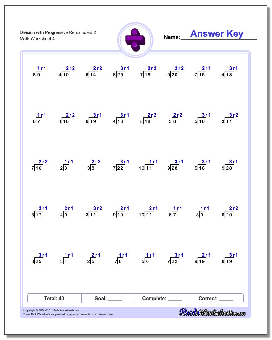 Division Worksheet with Progressive Remainders 2