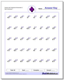 Division Worksheet with Progressive Remainders 3