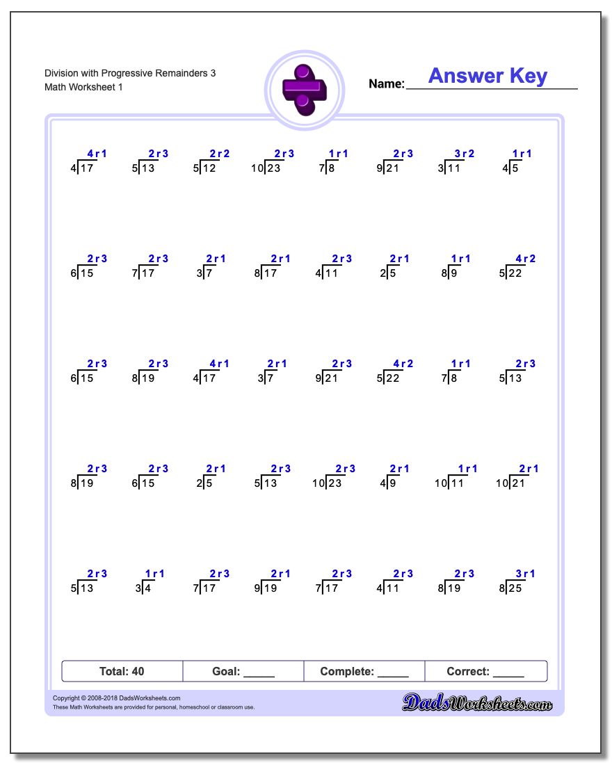 Division Worksheet with Progressive Remainders 3