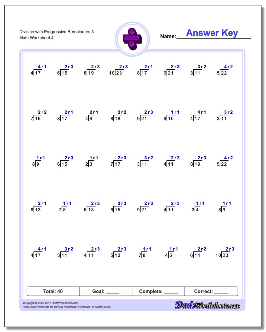 Division Worksheet with Progressive Remainders 3