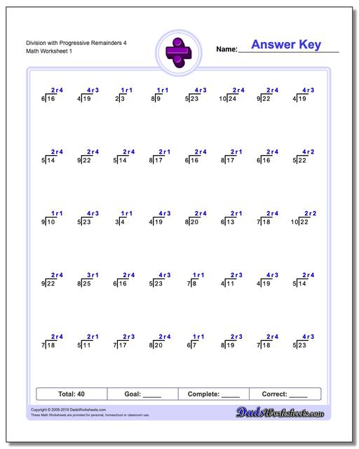 division worksheets division with progressive remainders