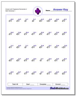 Division Worksheet with Progressive Remainders 4