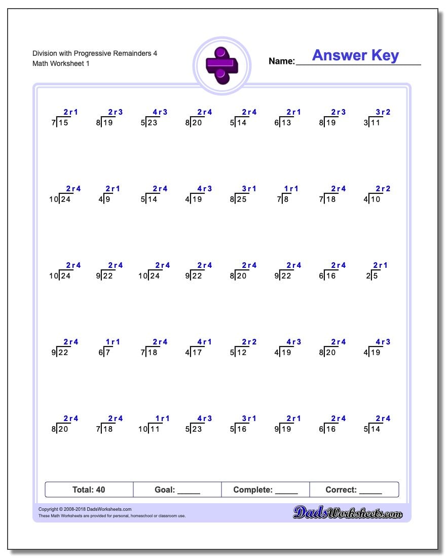 Division Worksheet with Progressive Remainders 4