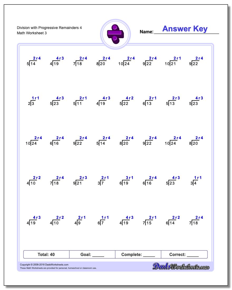 Division Worksheet with Progressive Remainders 4