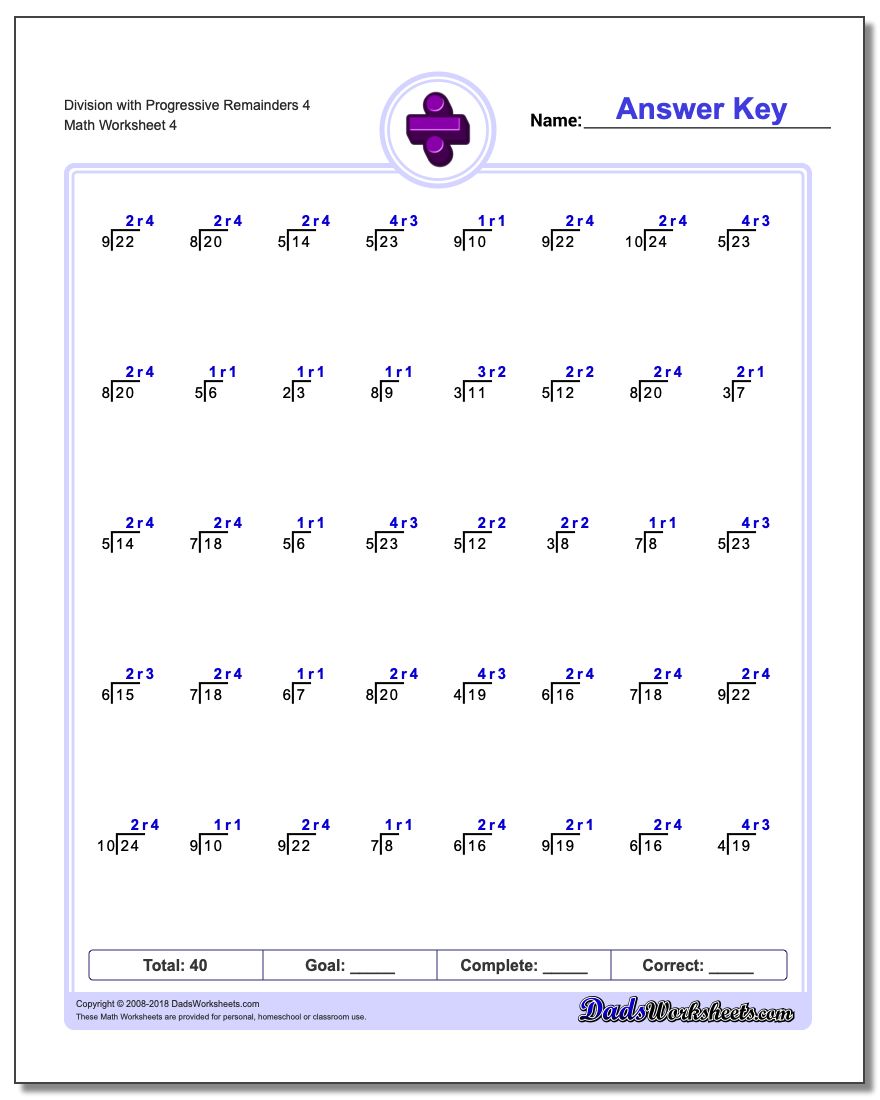 Division Worksheet with Progressive Remainders 4