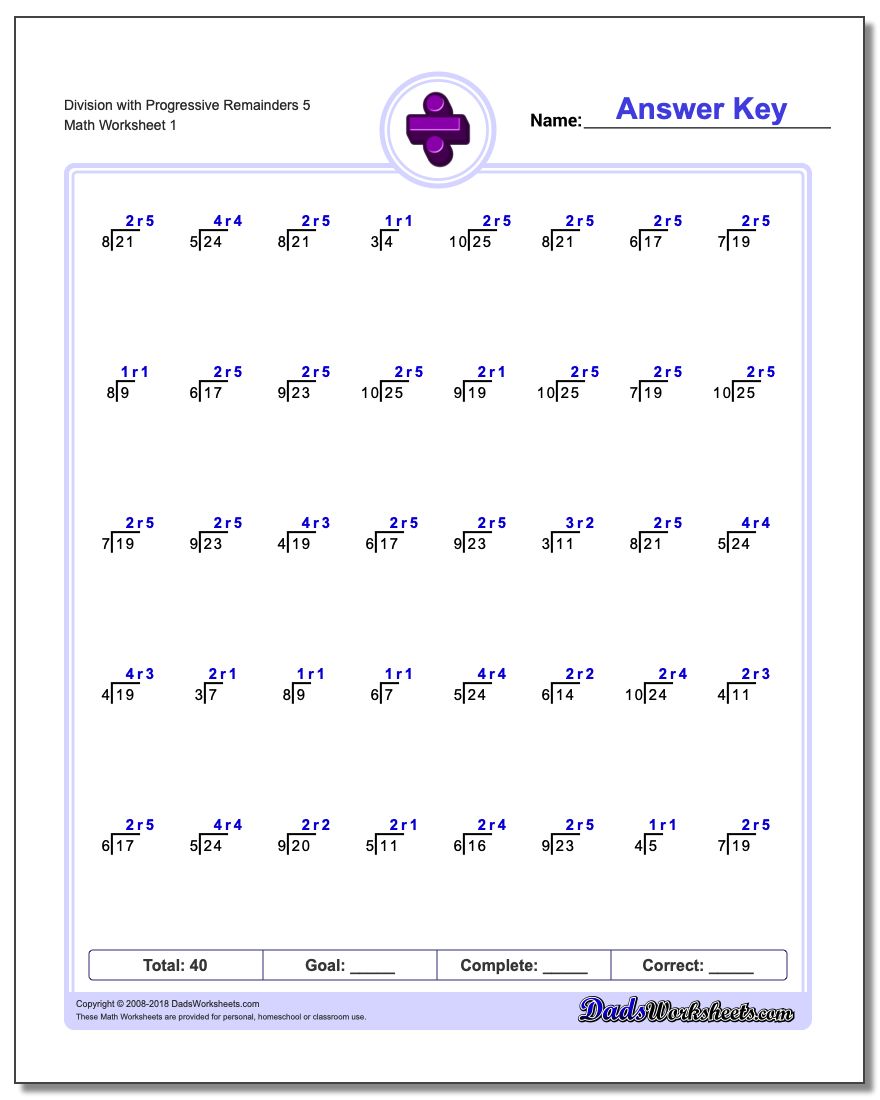 Division Worksheet with Progressive Remainders 5