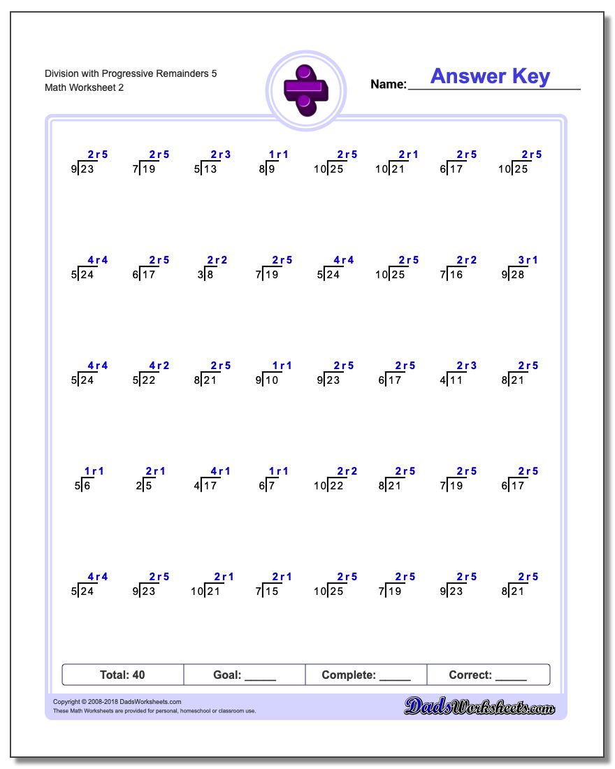Division Worksheet with Progressive Remainders 5 www.dadsworksheets.com/worksheets/division.html