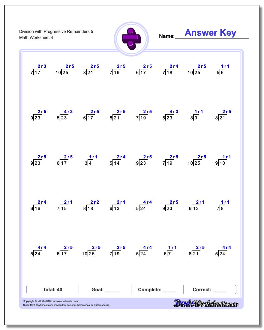 Division Worksheet with Progressive Remainders 5