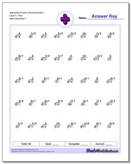 Division Worksheet SpaceShip with Remainders Level ATens