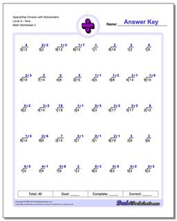 SpaceShip Division Worksheet with Remainders Level ATens