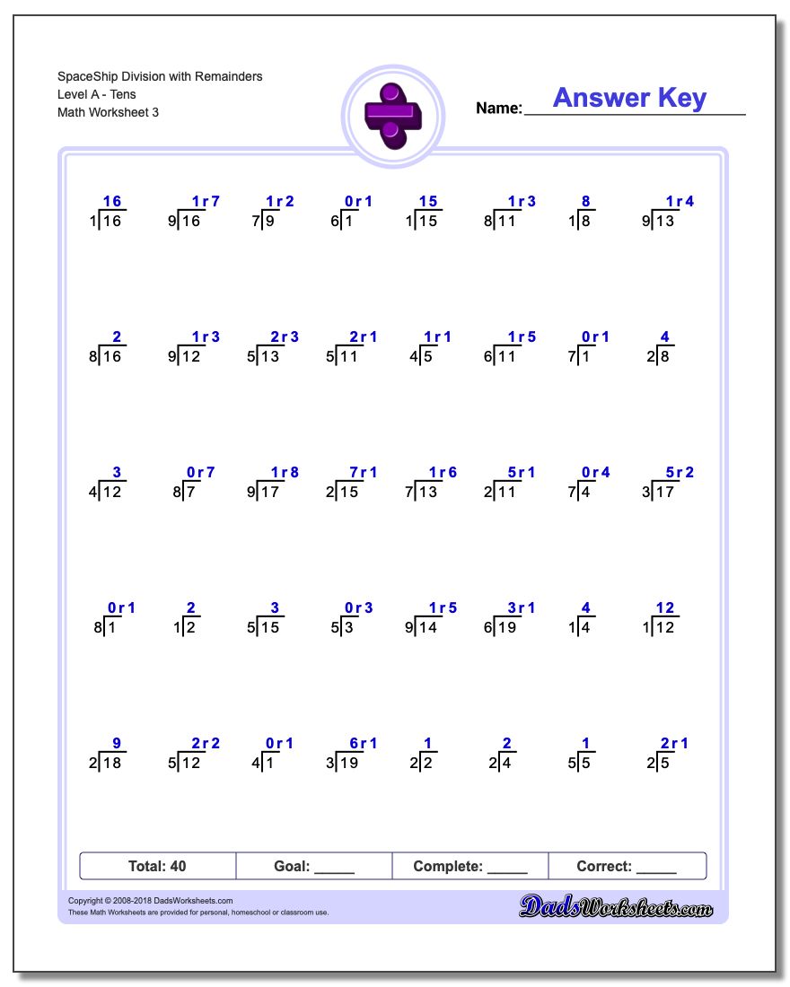 SpaceShip Division Worksheet with Remainders Level ATens