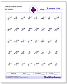 SpaceShip Division Worksheet with Remainders Level ATens