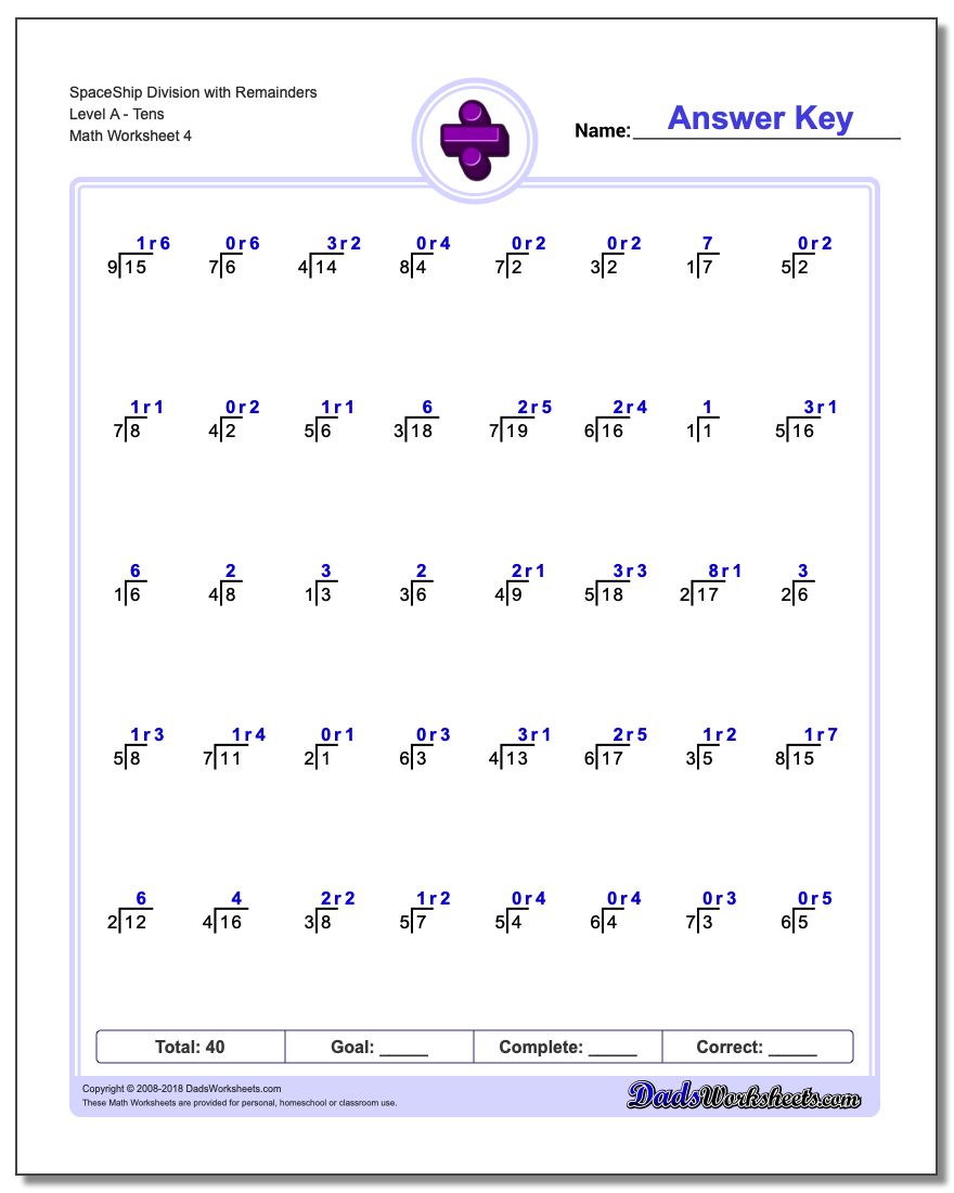 SpaceShip Division Worksheet with Remainders Level ATens