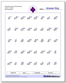 Division Worksheet SpaceShip with Remainders Level BTwenties