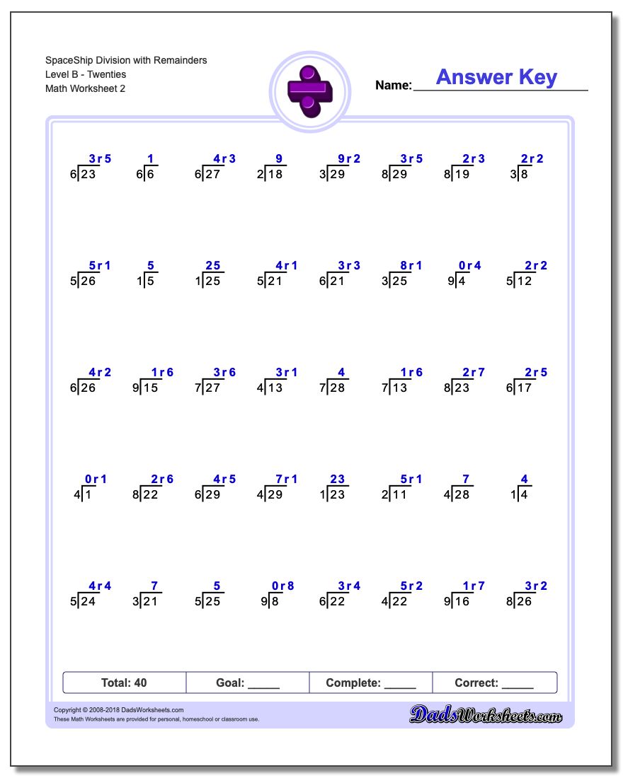 SpaceShip Division Worksheet with Remainders Level BTwenties www.dadsworksheets.com/worksheets/division.html
