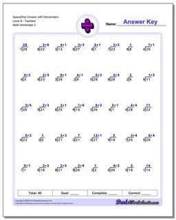 SpaceShip Division Worksheet with Remainders Level BTwenties