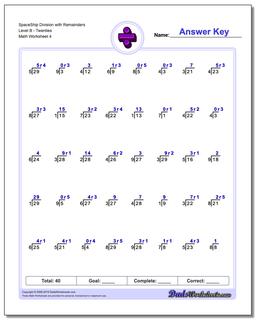 SpaceShip Division Worksheet with Remainders Level BTwenties