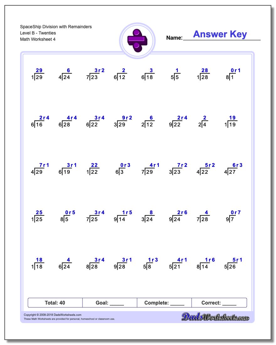 SpaceShip Division Worksheet with Remainders Level BTwenties