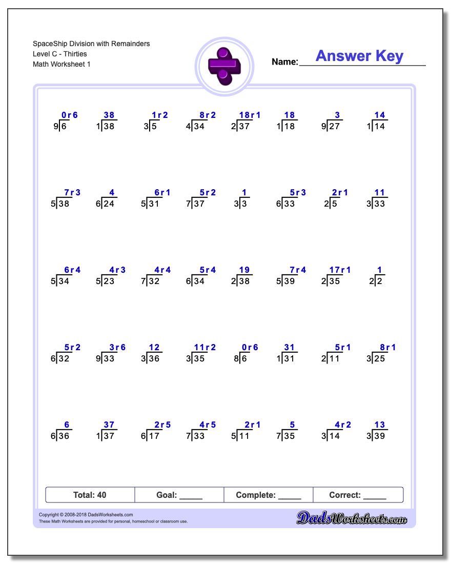 Division Worksheet SpaceShip with Remainders Level CThirties