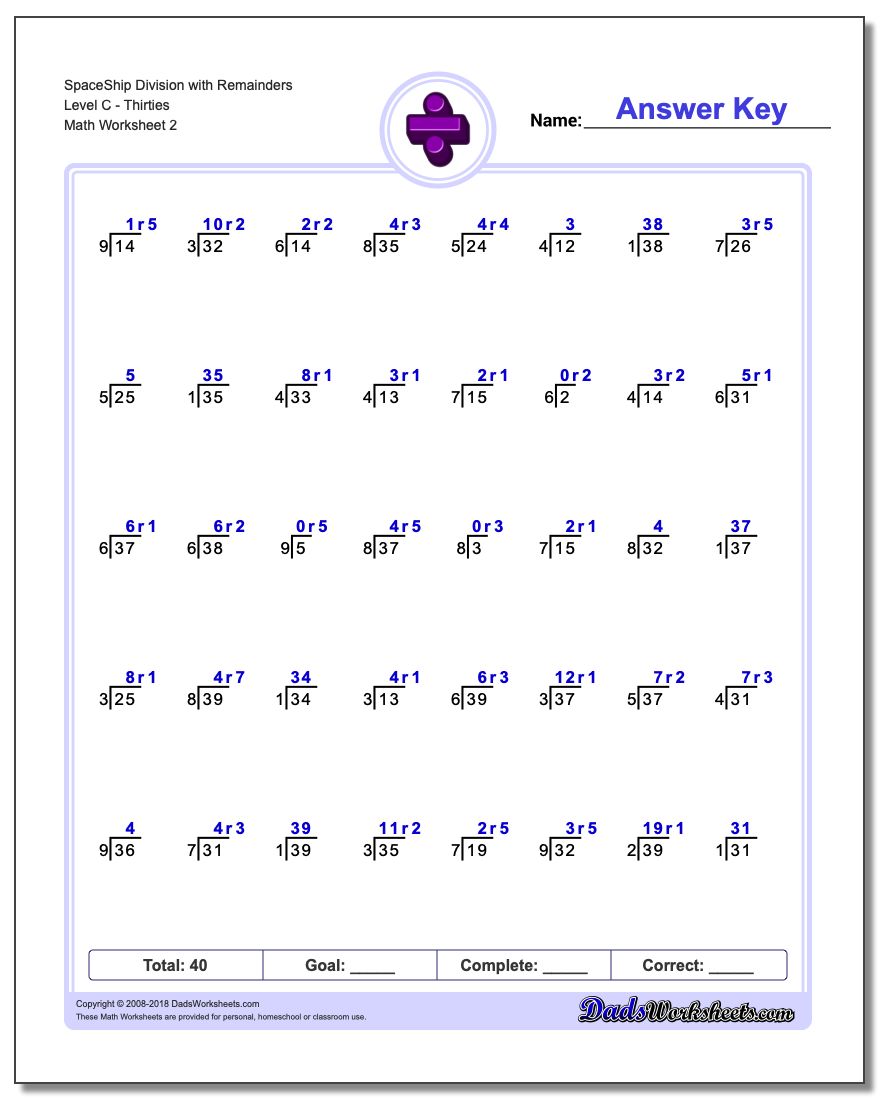 SpaceShip Division Worksheet with Remainders Level CThirties www.dadsworksheets.com/worksheets/division.html