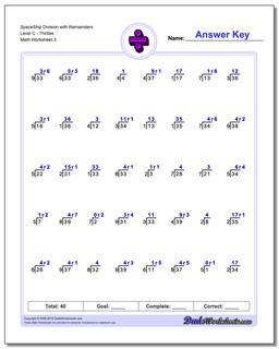 SpaceShip Division Worksheet with Remainders Level CThirties