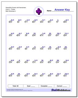 SpaceShip Division Worksheet with Remainders Level CThirties