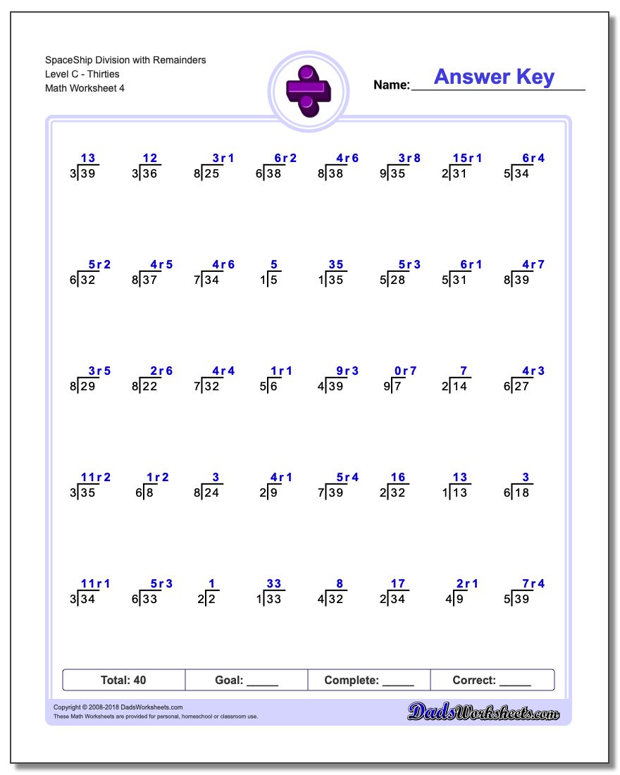 SpaceShip Division Worksheet with Remainders Level CThirties