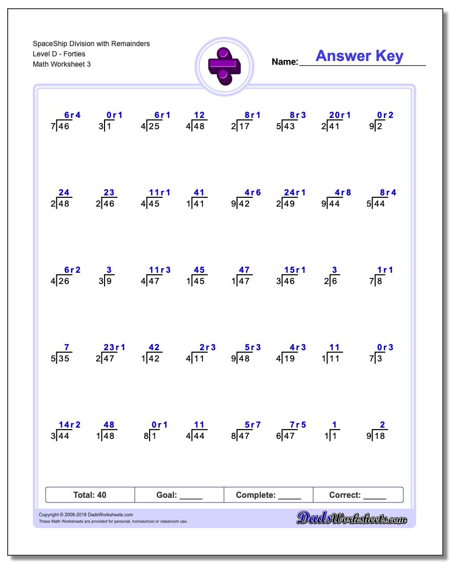 SpaceShip Division Worksheet with Remainders Level DForties