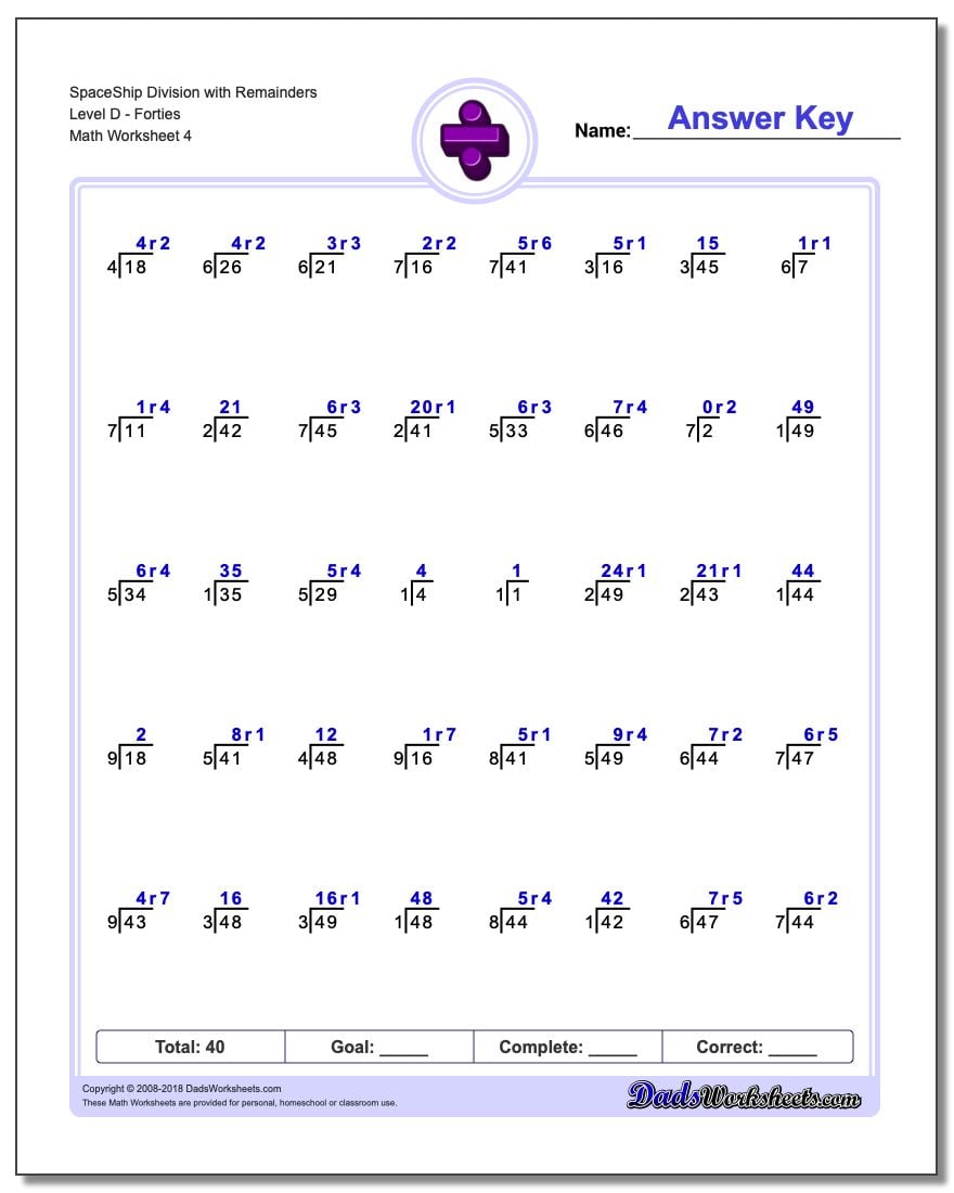 SpaceShip Division Worksheet with Remainders Level DForties