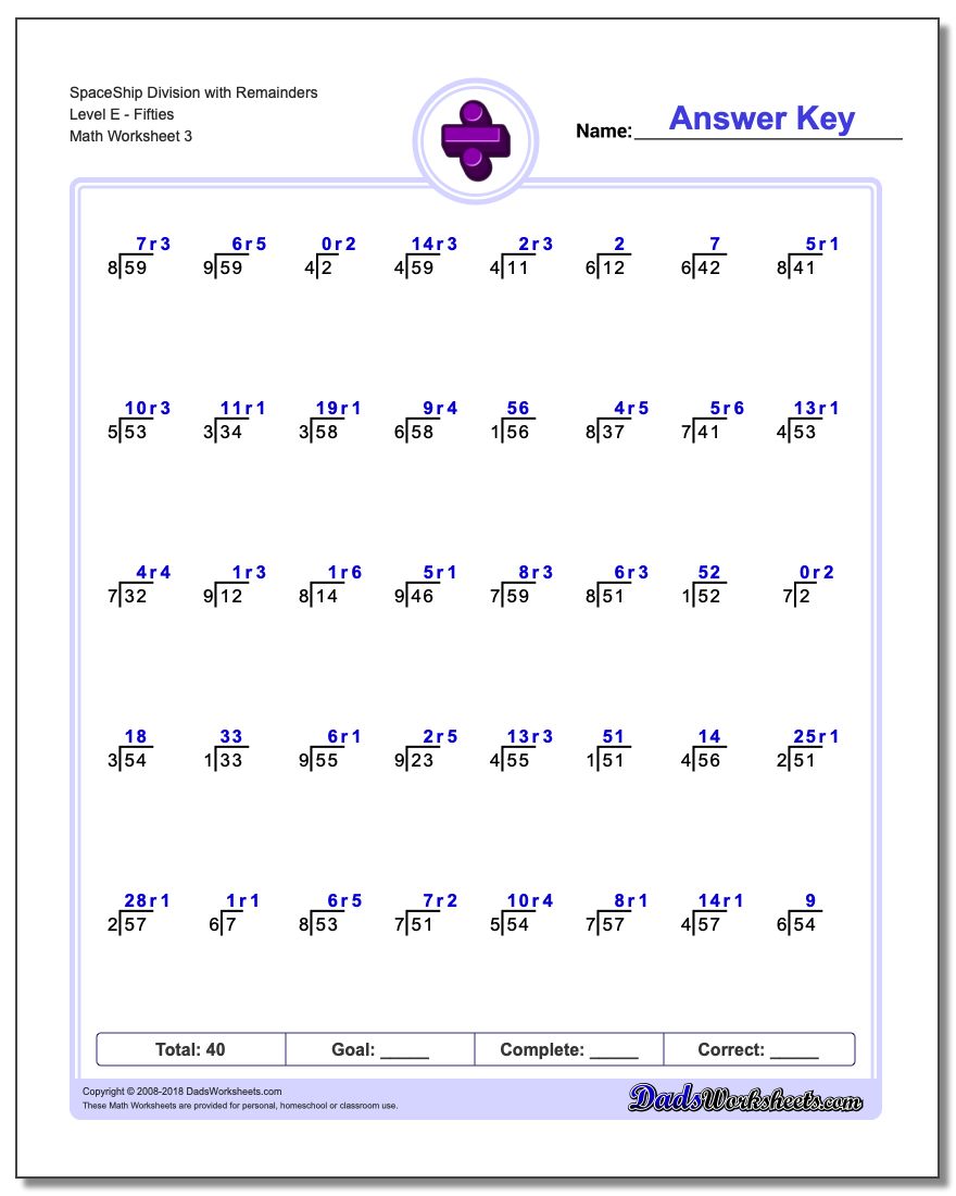 SpaceShip Division Worksheet with Remainders Level EFifties