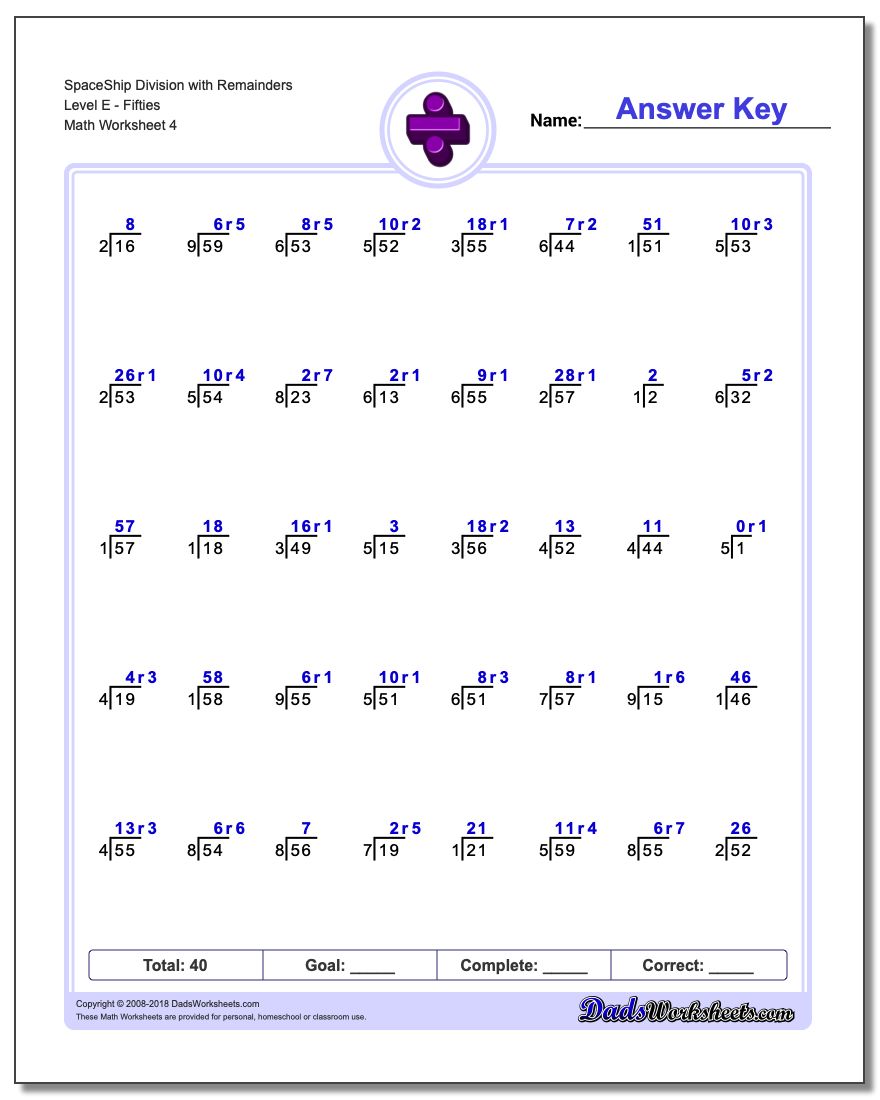 SpaceShip Division Worksheet with Remainders Level EFifties