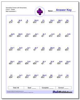 SpaceShip Division Worksheet with Remainders Level FSixties