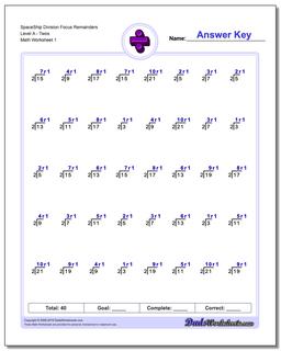 Division Worksheet SpaceShip Focus Remainders Level ATwos