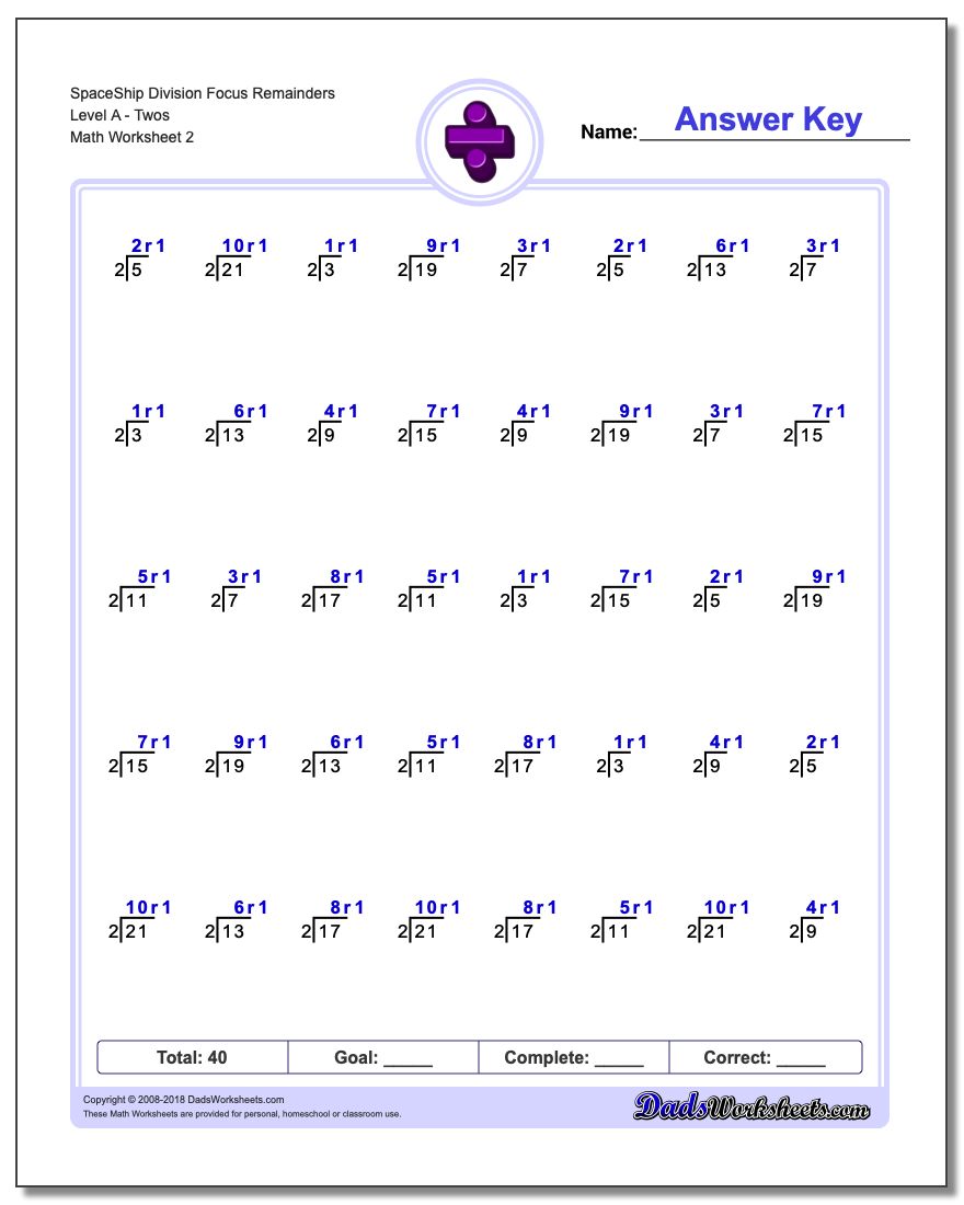 SpaceShip Division Worksheet Focus Remainders Level ATwos www.dadsworksheets.com/worksheets/division.html